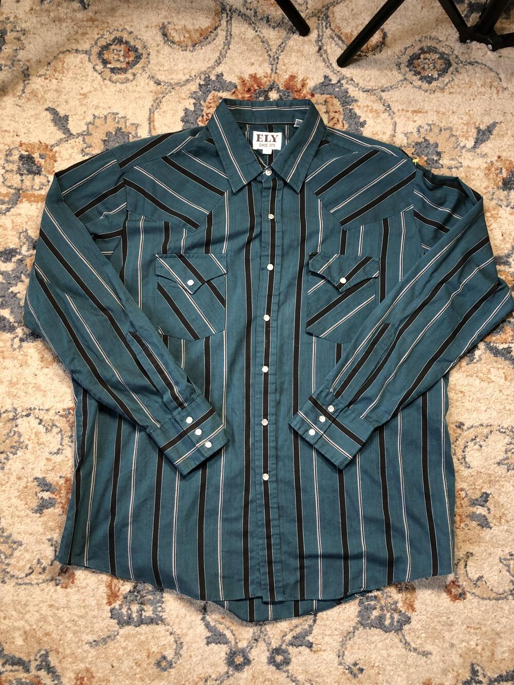 ELY Western Shirt Mens XL Teal Green Black Stripe Pearl Snap Long Sleeve Cowboy